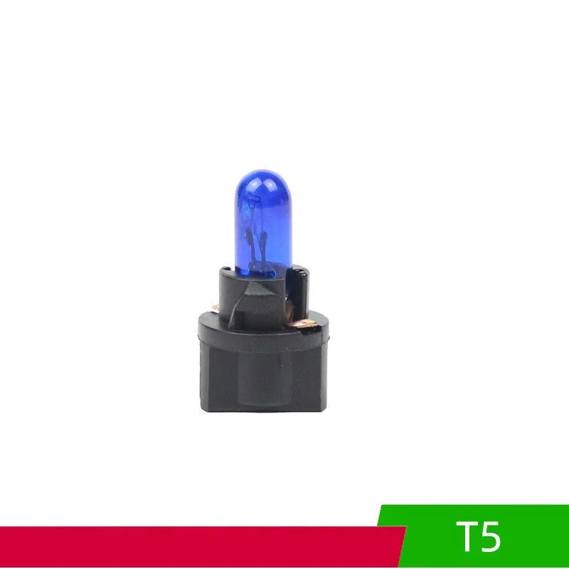 T5 12 volt 1.2 watt car dashboard indicator light bulb in red, blue, green, amber, yellow, and purple colours.