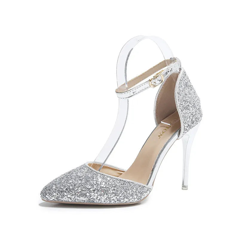 Stiletto heel fashion high heels pumps in solid colour with beaded and belt decoration, super high heel over 8cm