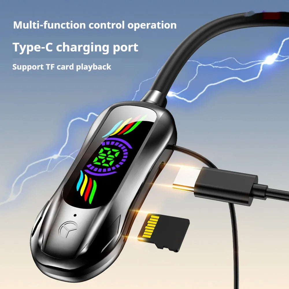 Neck-mounted Bluetooth headset in gun gray with digital display, ABS TPE body and neck-hanging sports design