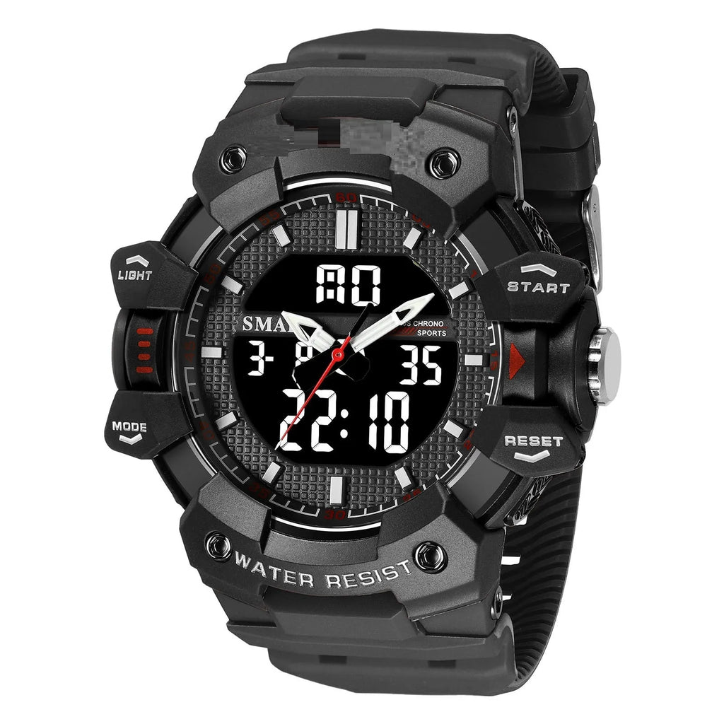 Men's outdoor sports waterproof watch with 55mm dial, plastic strap, and 50m water resistance, army green colour