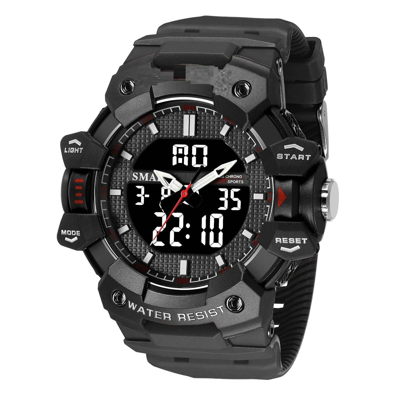 Men's outdoor sports waterproof watch with 55mm dial, plastic strap, and 50m water resistance, army green colour