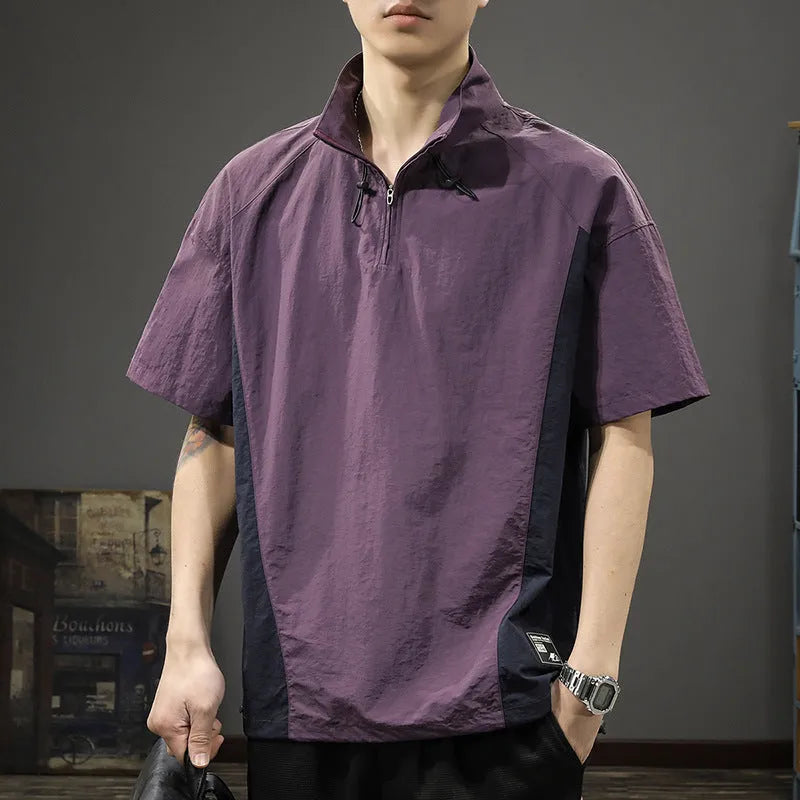 Men's brown half zip stand collar shirt made from ice silk fabric with short sleeves.