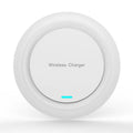 Circular white desktop wireless phone charger showing 10W fast charging capability and 7mm thickness