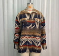 Women's loose-fit Aztec print retro jacket in woolen fabric, shown in Army Green.
