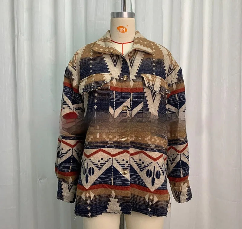 Women's loose-fit Aztec print retro jacket in woolen fabric, shown in Army Green.