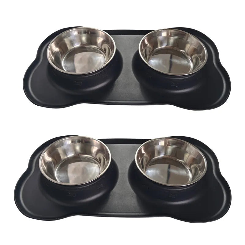 Large silicone pet bowl with stainless steel inserts in dual compartment design