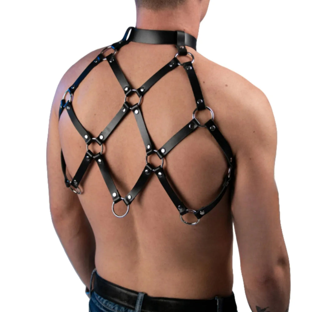Black PU leather punk chest strap with integrated collar and corset closing belt, handmade with punched detailing
