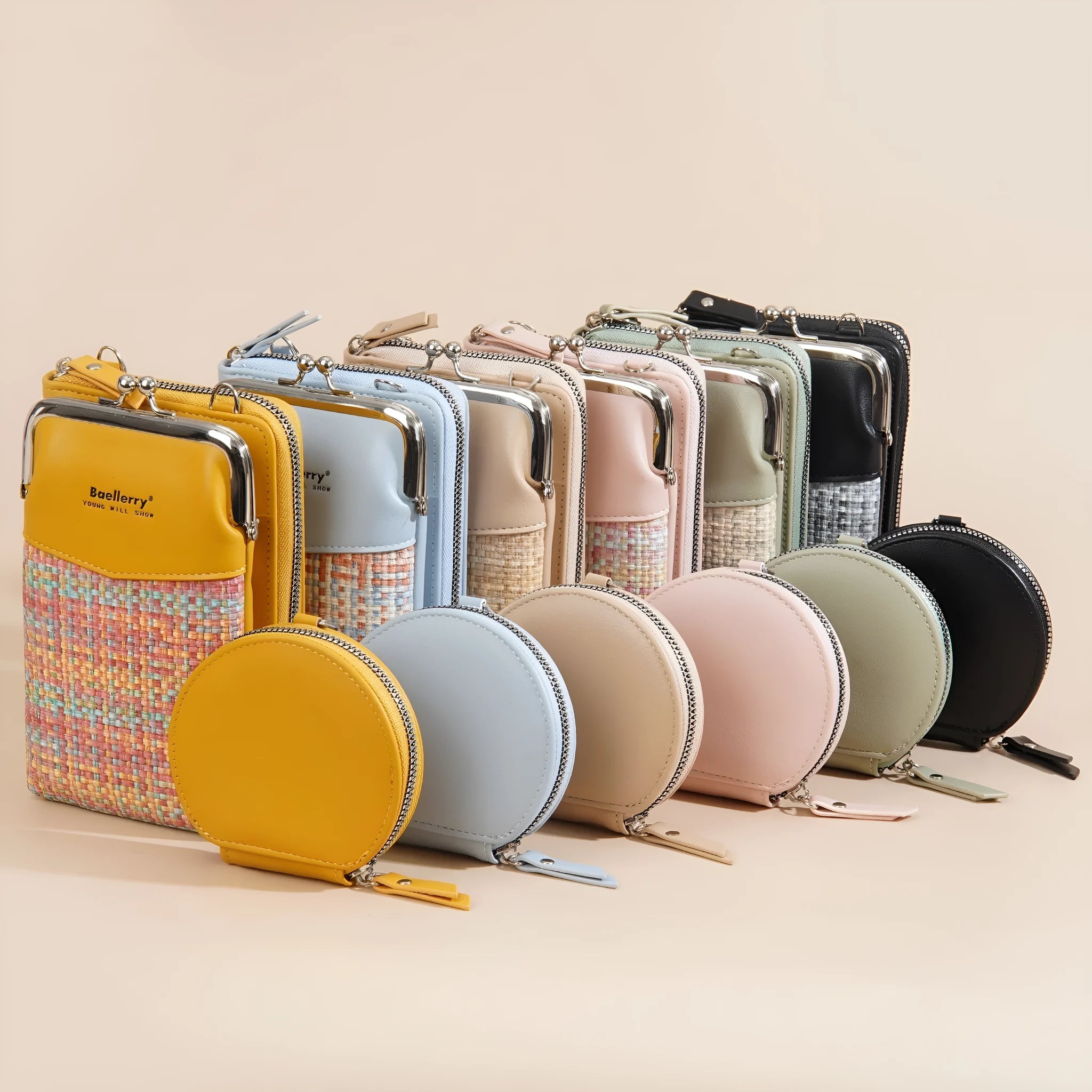 Women's mini satchel crossbody phone bag in square vertical design showing colour options