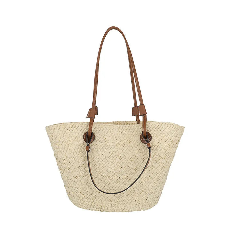 Large capacity woven shoulder bag in milky white or khaki, dual-use hand-carrying tote, horizontal square shape