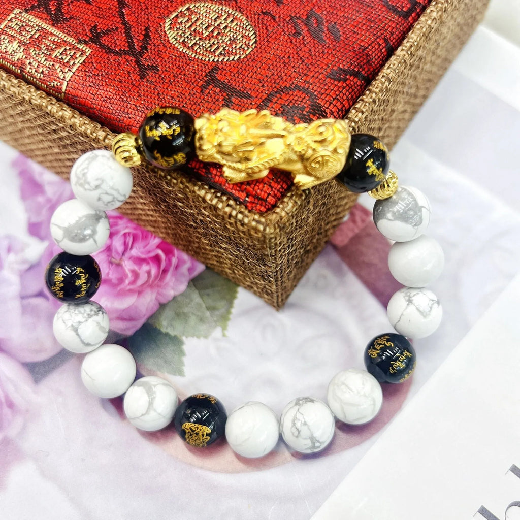 Vintage white turquoise and black agate couple bracelet with adjustable 15-17cm sizing