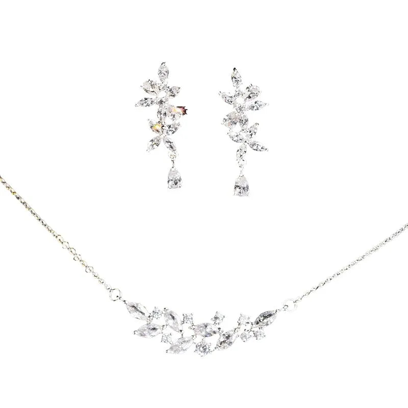 Silver alloy necklace and earrings set with zircon leaf design for bridal weddings