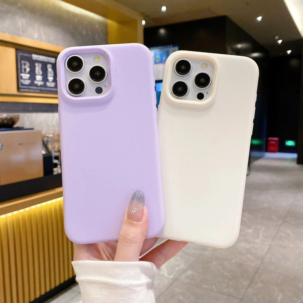 Liquid silicone dopamine phone case for Apple iPhone in blue, purple, and orange colour options