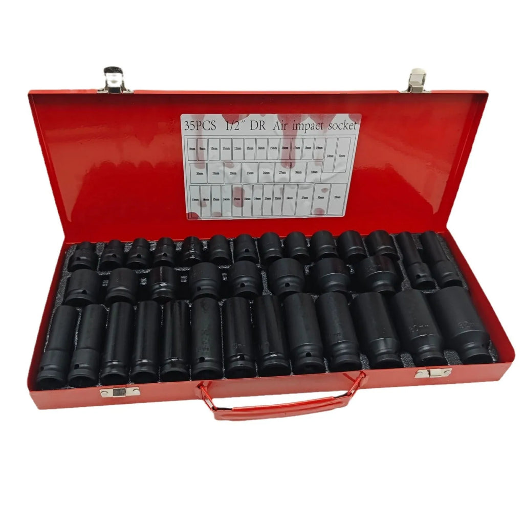 35-piece carbon steel hexagonal socket set in a plastic box, with 1/2 inch drive heavy thickening lengthening design for home machine repair