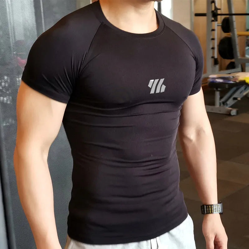 Men's quick-drying compression top in solid colour, polyester fabric, available in black white light pink navy blue sizes M to 3XL