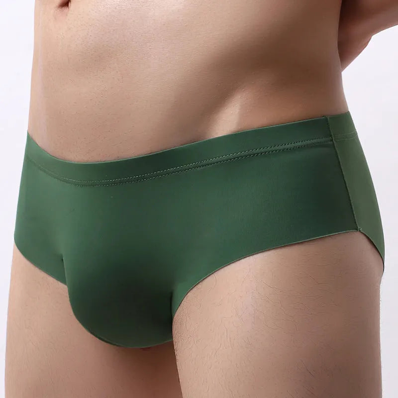 Men's seamless ice silk underwear, thin mid-waist brief, 92% nylon, plain pattern, available in 8 colours and sizes S-XL.