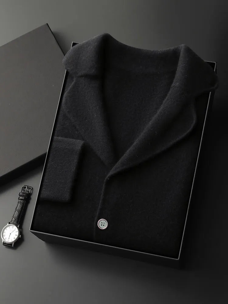 Men's cashmere lapel cardigan in light grey showing thickened knit construction and loose fit