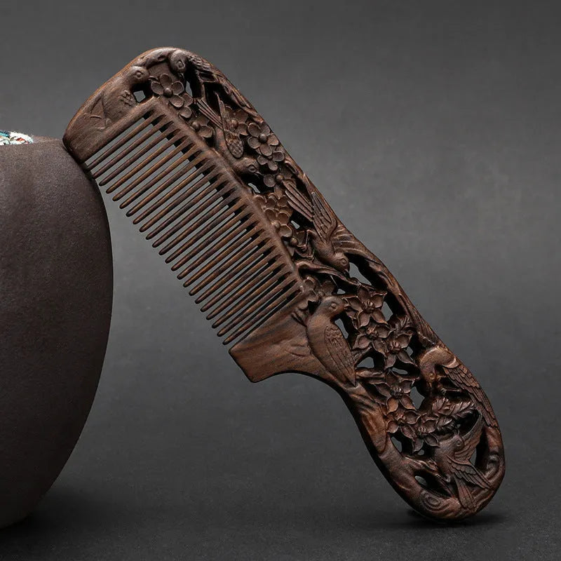 Wooden double-sided carved comb with handle, 180mm, ebony finish, classical Chinese design