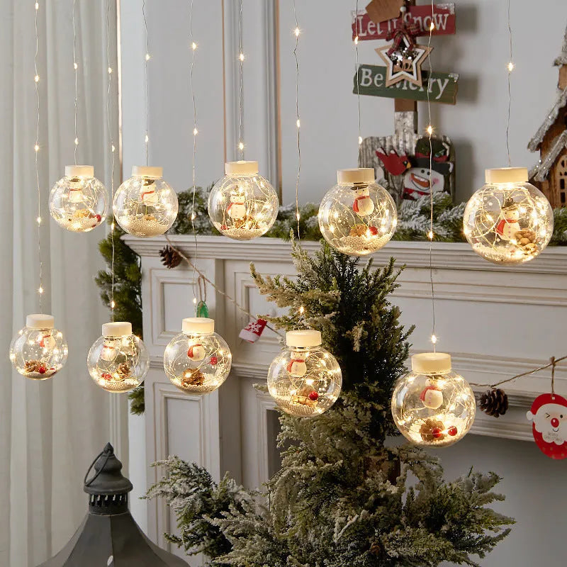 LED Christmas curtain lamp string with 10 fairy snowman and wishing ball decorative ornaments for window display