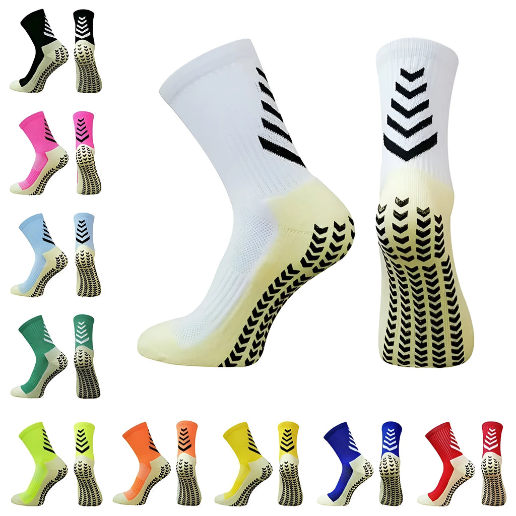 Men's patterned mid-calf sports socks with non-slip silicone grips in multiple colour options.