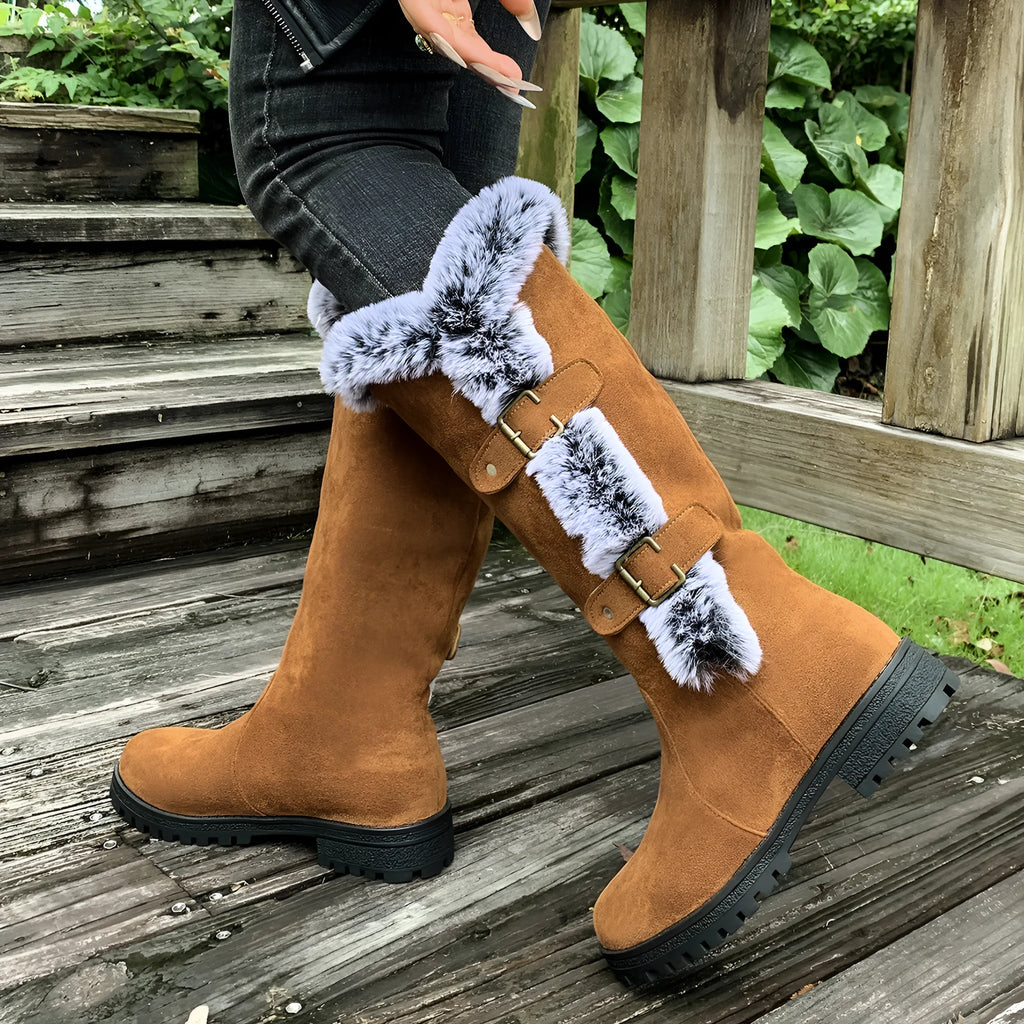 Women's thick velvet snow boots with rabbit fur lining, suede upper, belt buckle, and waterproof platform sole in black