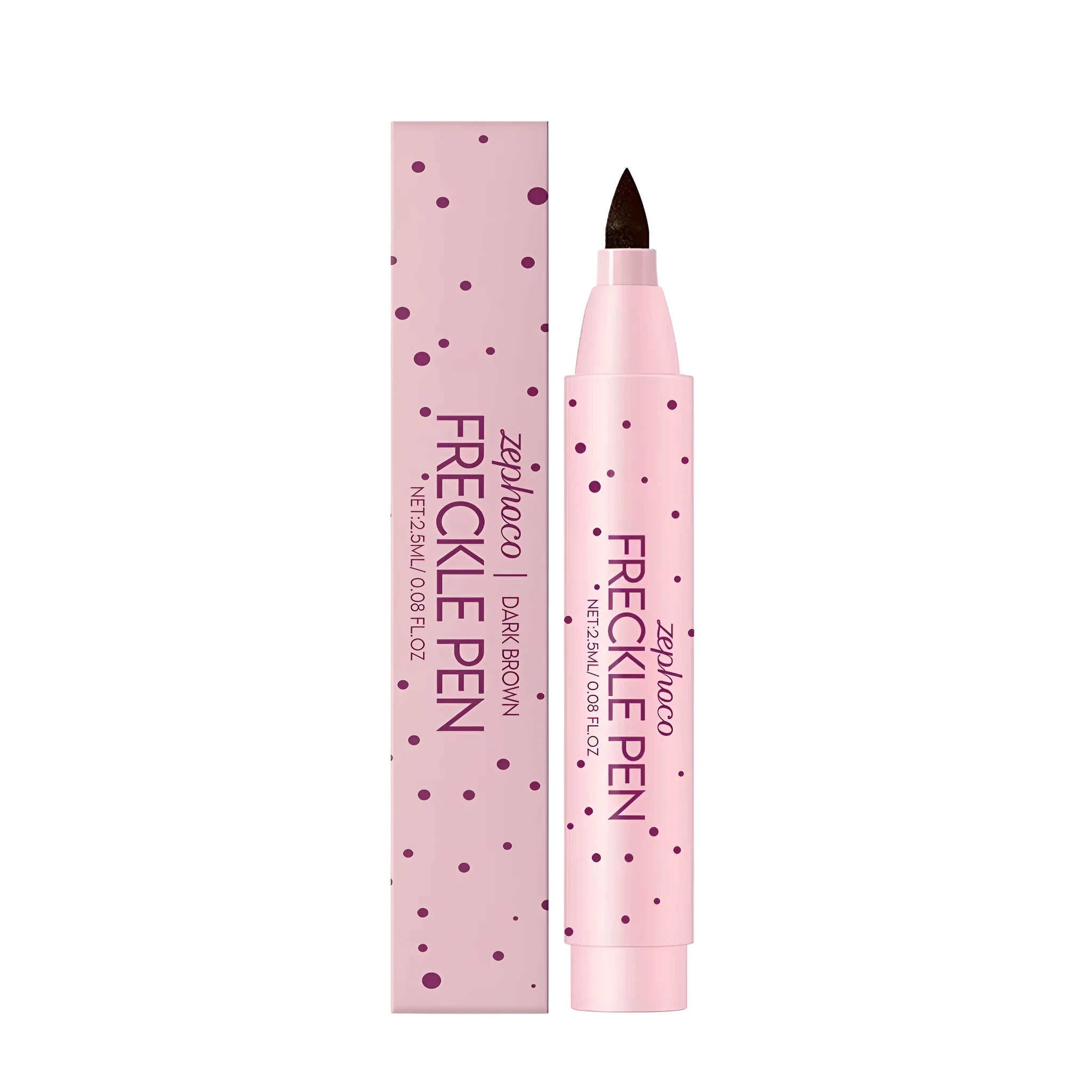A freckle pen with a fine tip, shown creating realistic brown dots on skin.