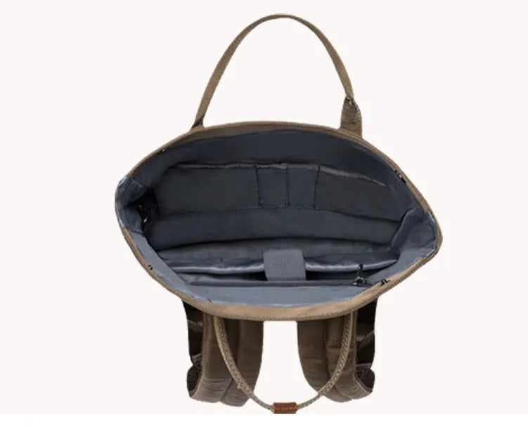 Casual polyester backpack with cover opening showing interior computer compartment and zipper pocket