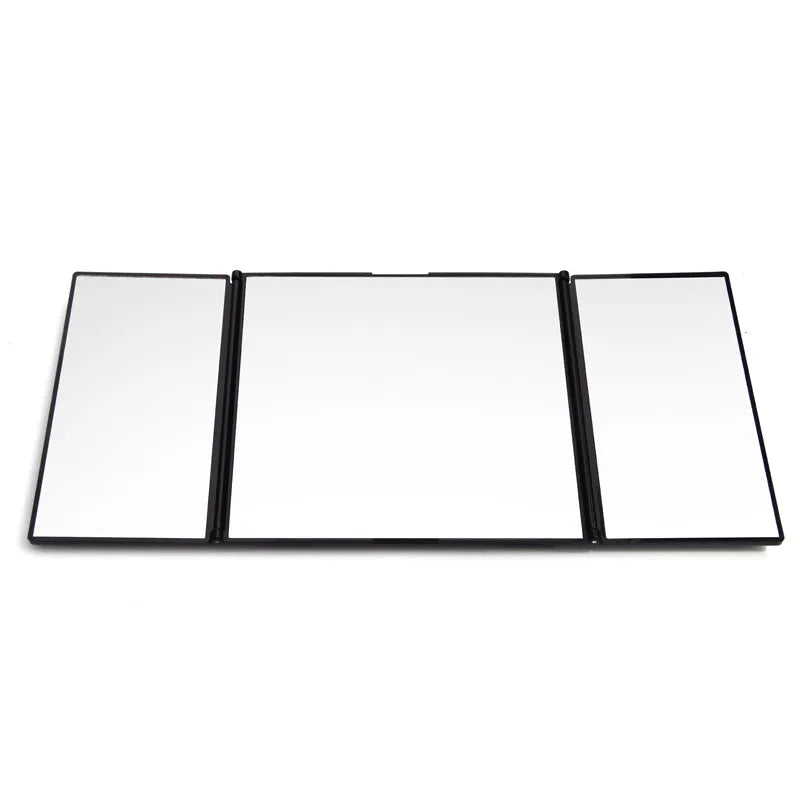 Silver folding car visor mirror shown closed and opened on a car sun visor.