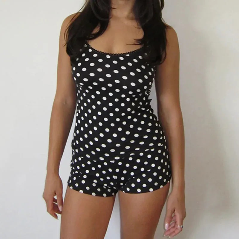 Polka dot suspender shorts suit for women black contrast colour sleeveless top and shorts polyester milk silk fabric size S M L