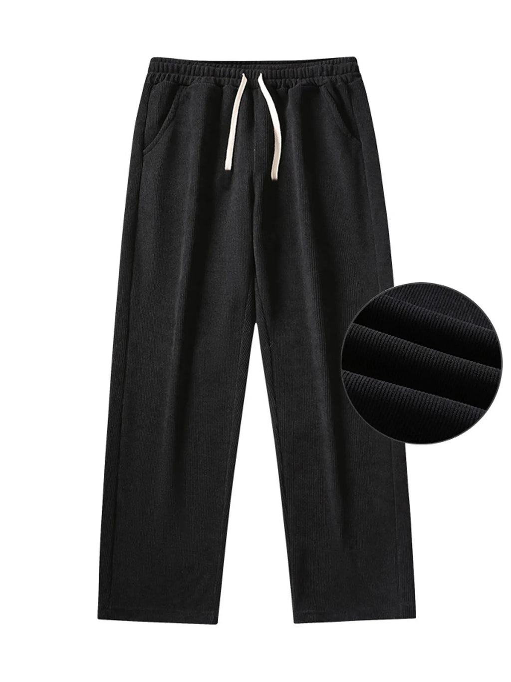 Retro corduroy men's casual pants with stripes, mid waist, in black color, polyester fibre