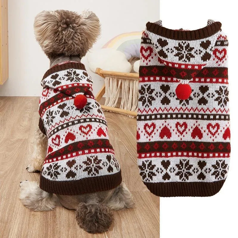 Striped camouflage dog sweater with snowflake patterns in pink, blue, grey colours for small breeds