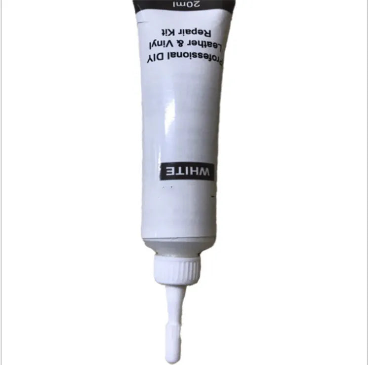 Leather repair cream for PVC leather in black and white tub with applicator