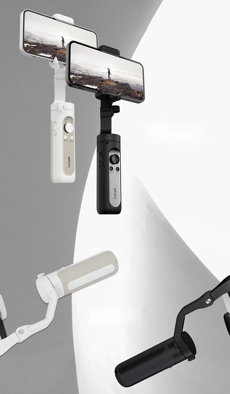 Black and white 3-axis mobile phone stabiliser shown folded to 179mm size with USB charging port
