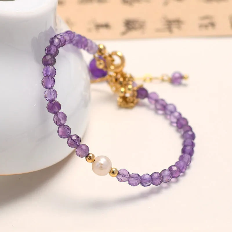 Amethyst crystal Chinese style women's bracelet with diamond-shaped stones and adjustable electroplated band