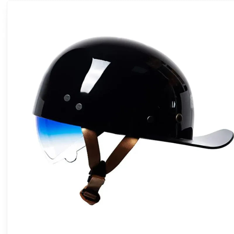 Men's bright black retro half helmet for electric bicycles with a gradient blue tinted lens.