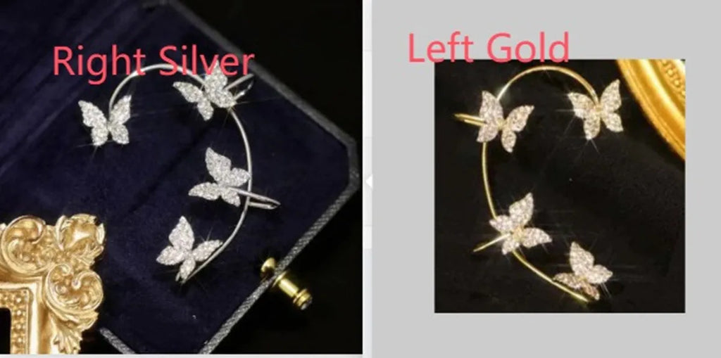 Butterfly bow tie ear clip and ear hook jewelry set in gold and silver alloy plating
