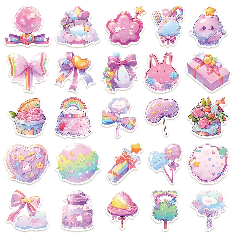 Pack of 50 sheets of cute fresh candy coloured small items waterproof decorative stickers.