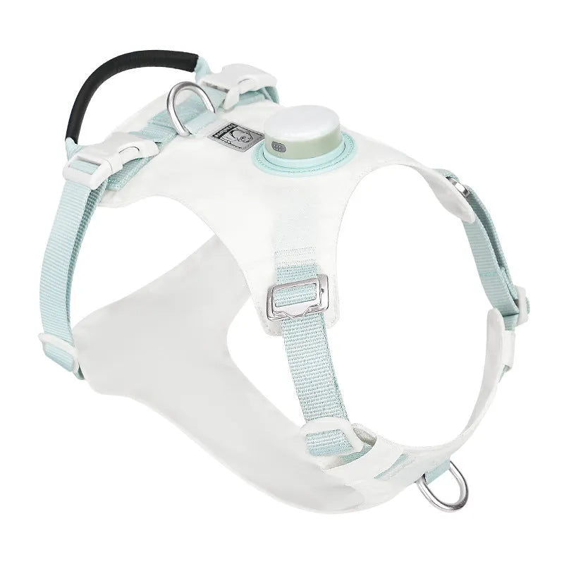 Nylon dog chest harness with built-in LED light in multiple colour options on size chart.
