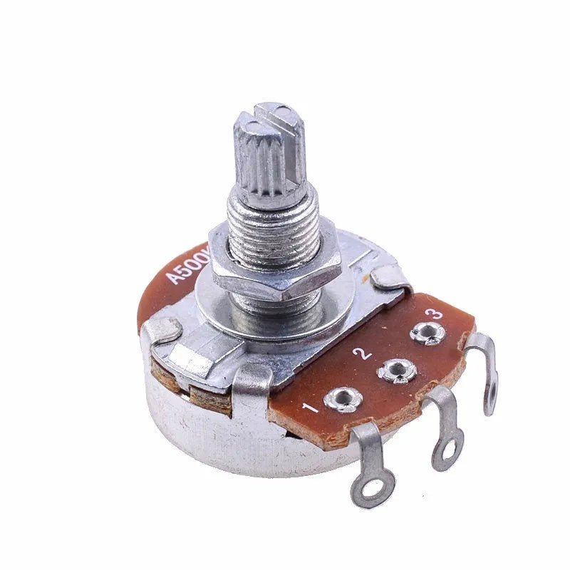 A single solid metal knob for an electric guitar's tone or volume control potentiometer.
