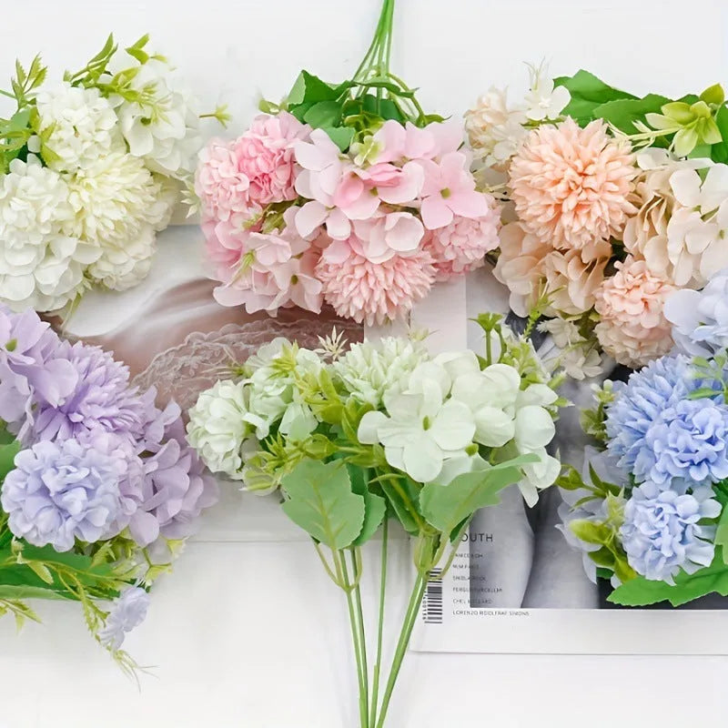 Artificial silk and plastic hydrangea flower combination in blue, white, and pink, with green plastic leaves, shown as a set of four stems
