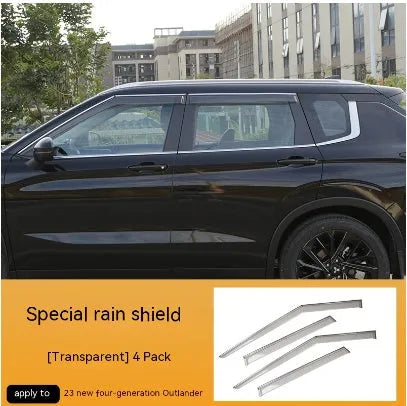 Black engineering plastic window deflectors fitted on a 2023 Mitsubishi Outlander front window.