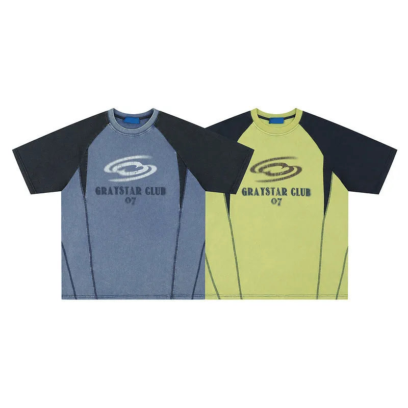 Men's blue hip hop letter print T-shirt with raglan sleeves, loose fit casual style