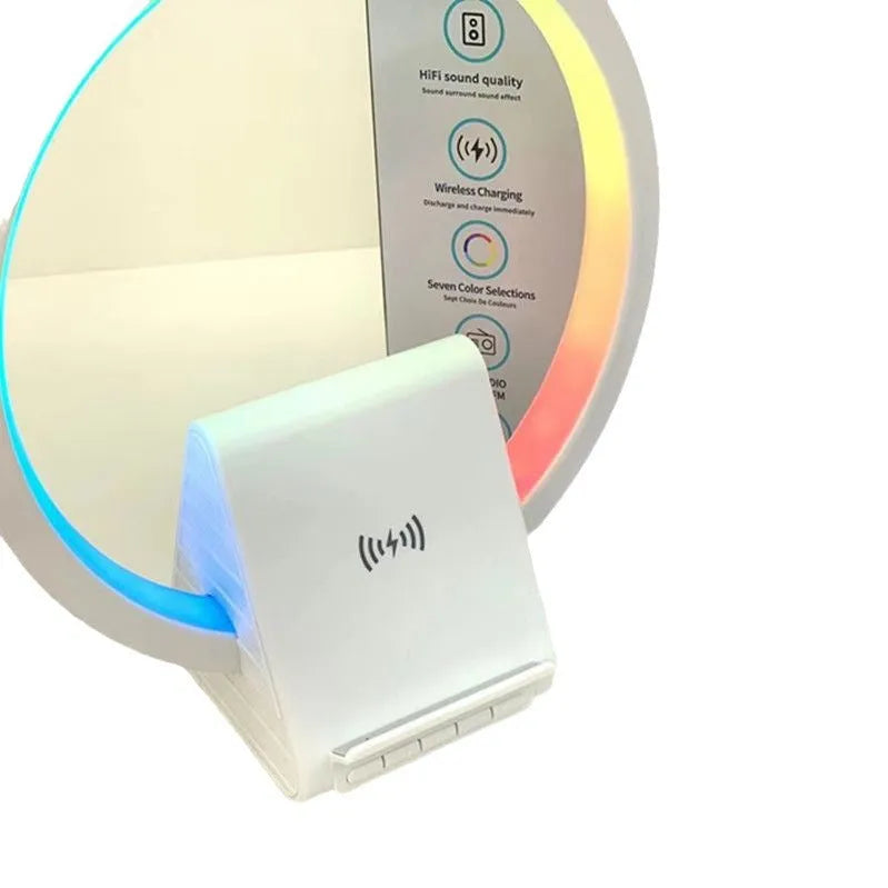 White smart Bluetooth speaker with wireless charging pad and ambient light ring