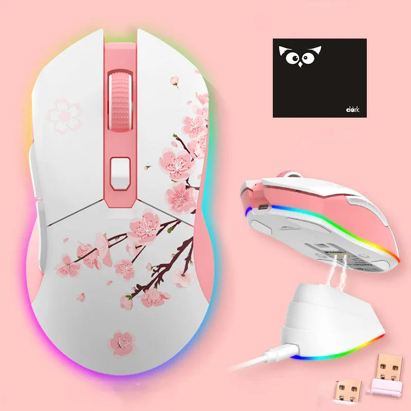Lightweight wireless wired game mouse with USB connector and mouse pad in green colour