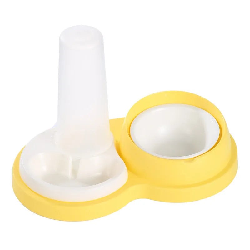 Grey and yellow double pet feeding bowl with separate food and water compartments measuring 26cm