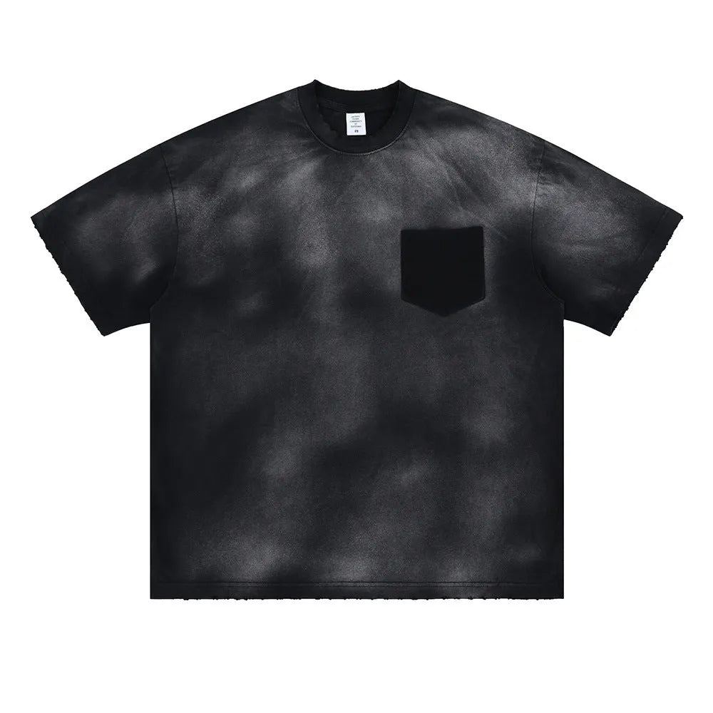 Black men's loose fit cotton t-shirt with printed letter pattern and drop shoulder sleeves