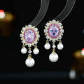 Oval geometric earrings with zircon inlay and pearl tassel in copper with four colour options