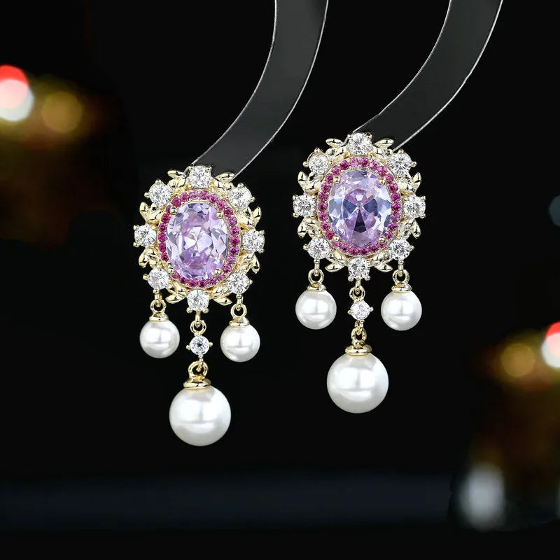 Oval geometric earrings with zircon inlay and pearl tassel in copper with four colour options
