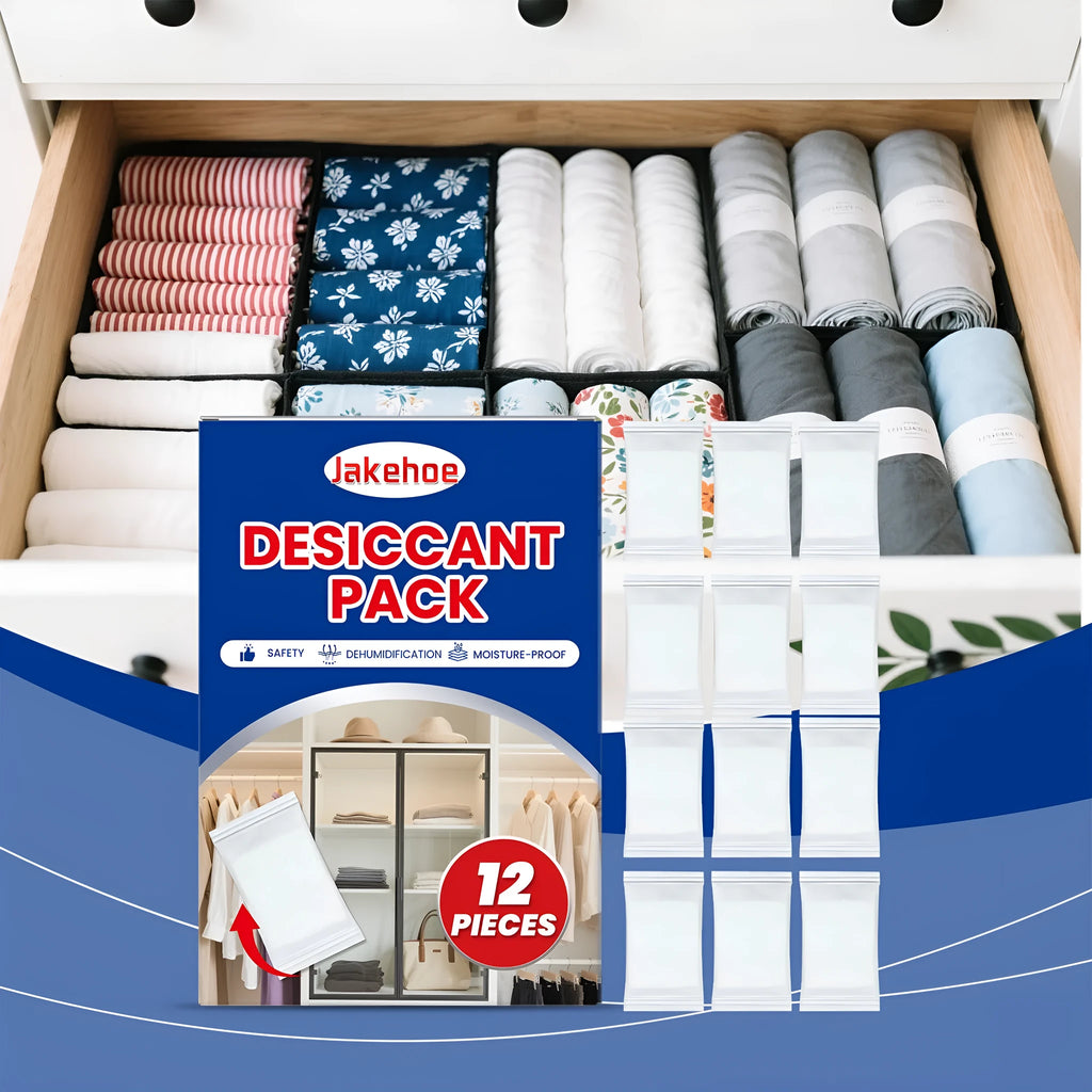 Pack of 12 white calcium chloride desiccant sachets for household moisture absorption.