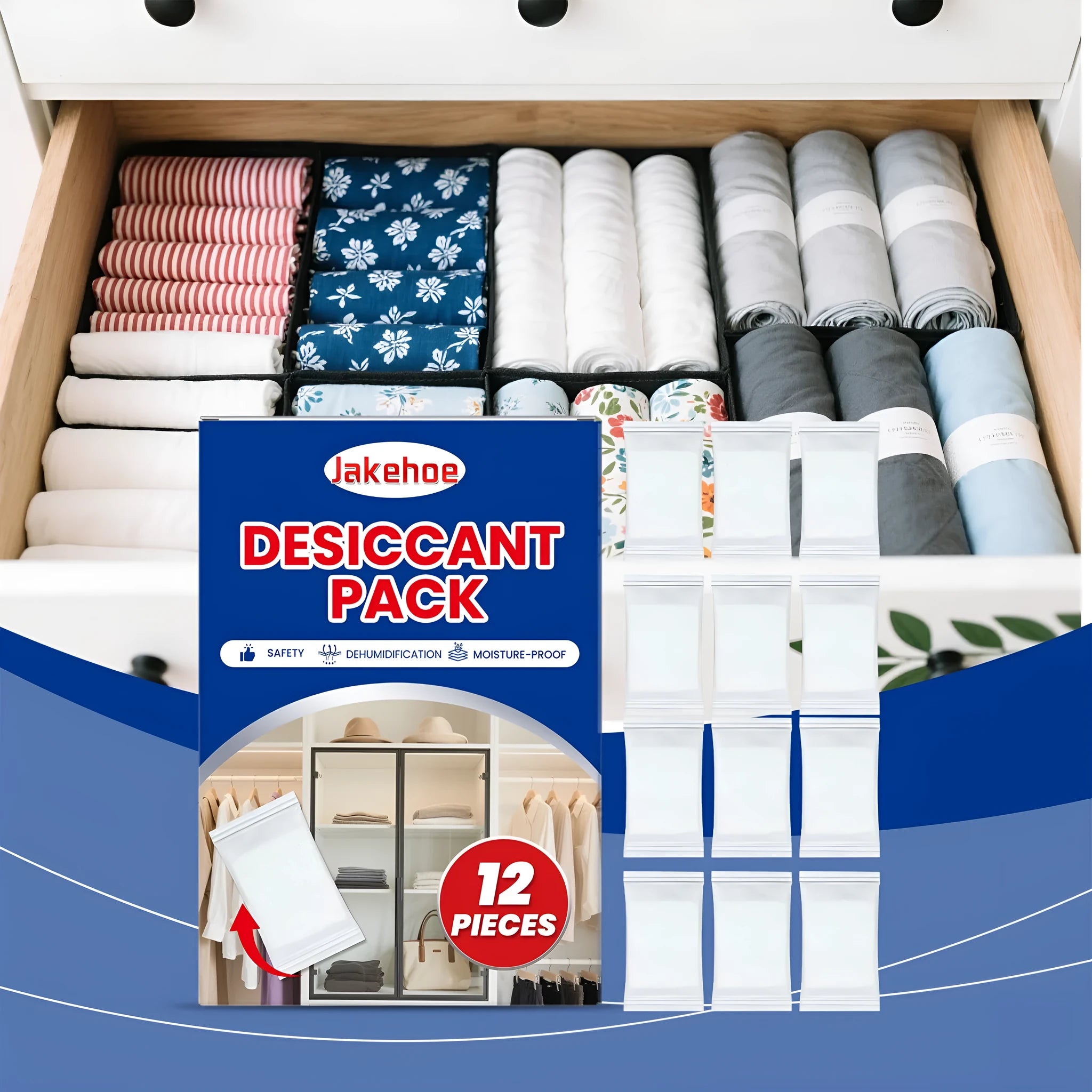 Pack of 12 white calcium chloride desiccant sachets for household moisture absorption.