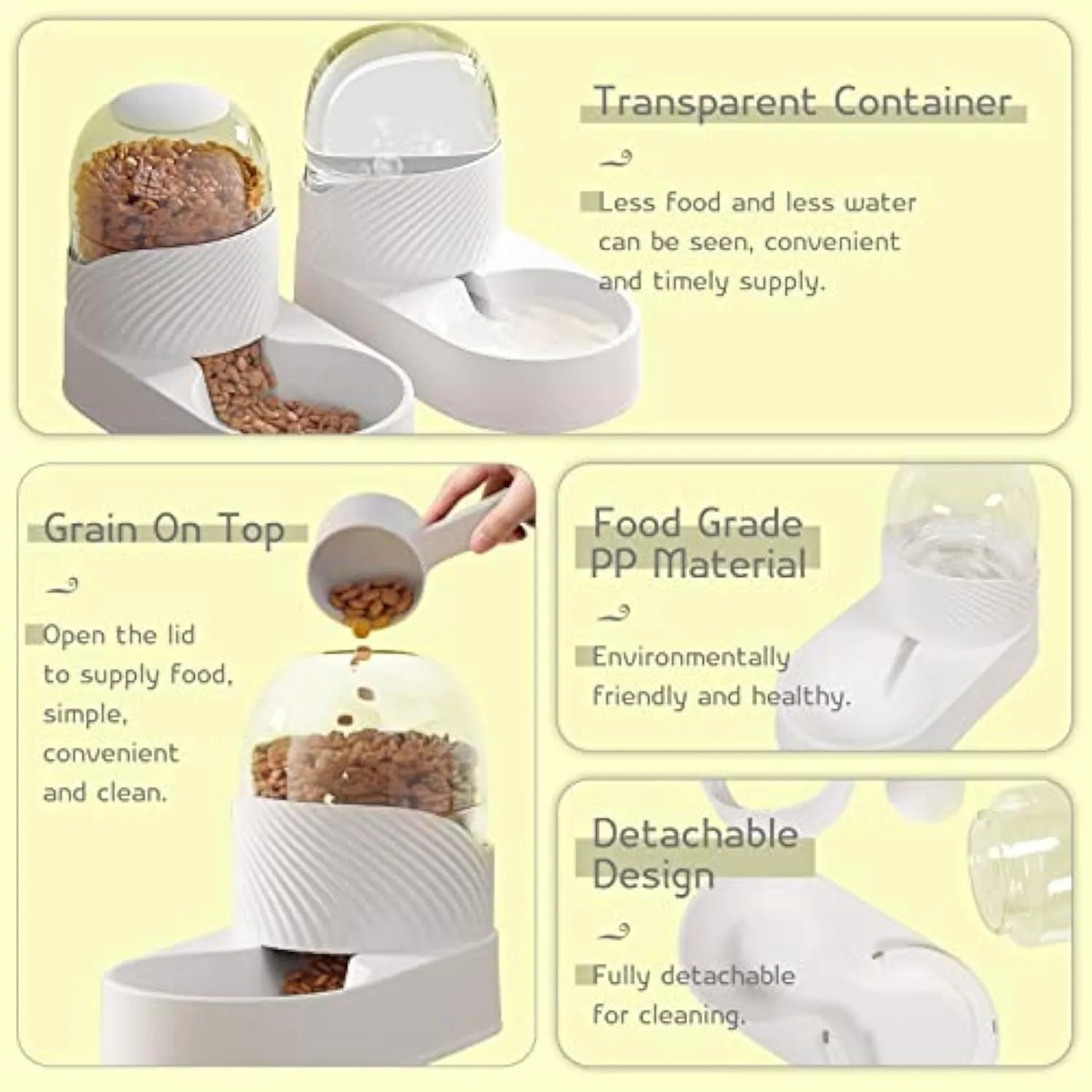 White PP gravity cat feeder and water dispenser set with wave-shaped design